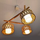 Suspension in teak and rattan, Doria Leuchten from the 1950s.