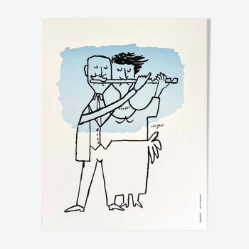 Affiche original Couple Jouant de la Flûte par Raymond Savignac 1990 - Petit Format - On linen