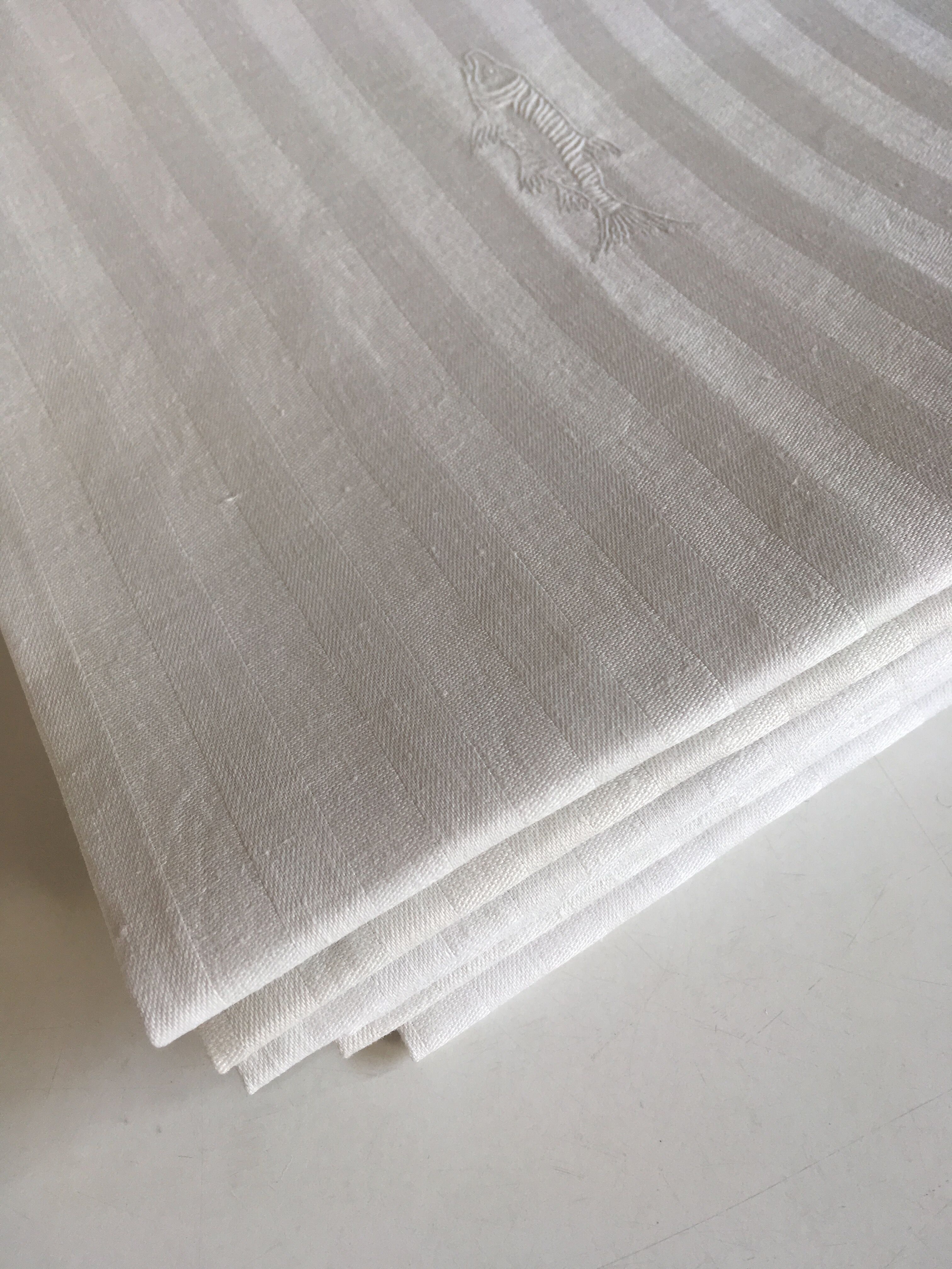 set of 6 19th damask linen napkins embroidered to a fish