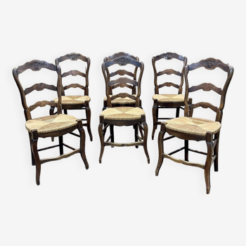 Suite of 6 chairs in ash and straw seats in Louis XV style, work from the 1950s