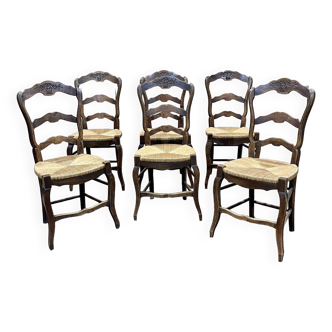 Set of 6 Louis XV style ash chairs with straw seats, from the 1950s