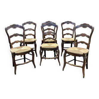 Suite de 6 chaises en frêne et assise paille de style Louis XV, travail des années 1950
