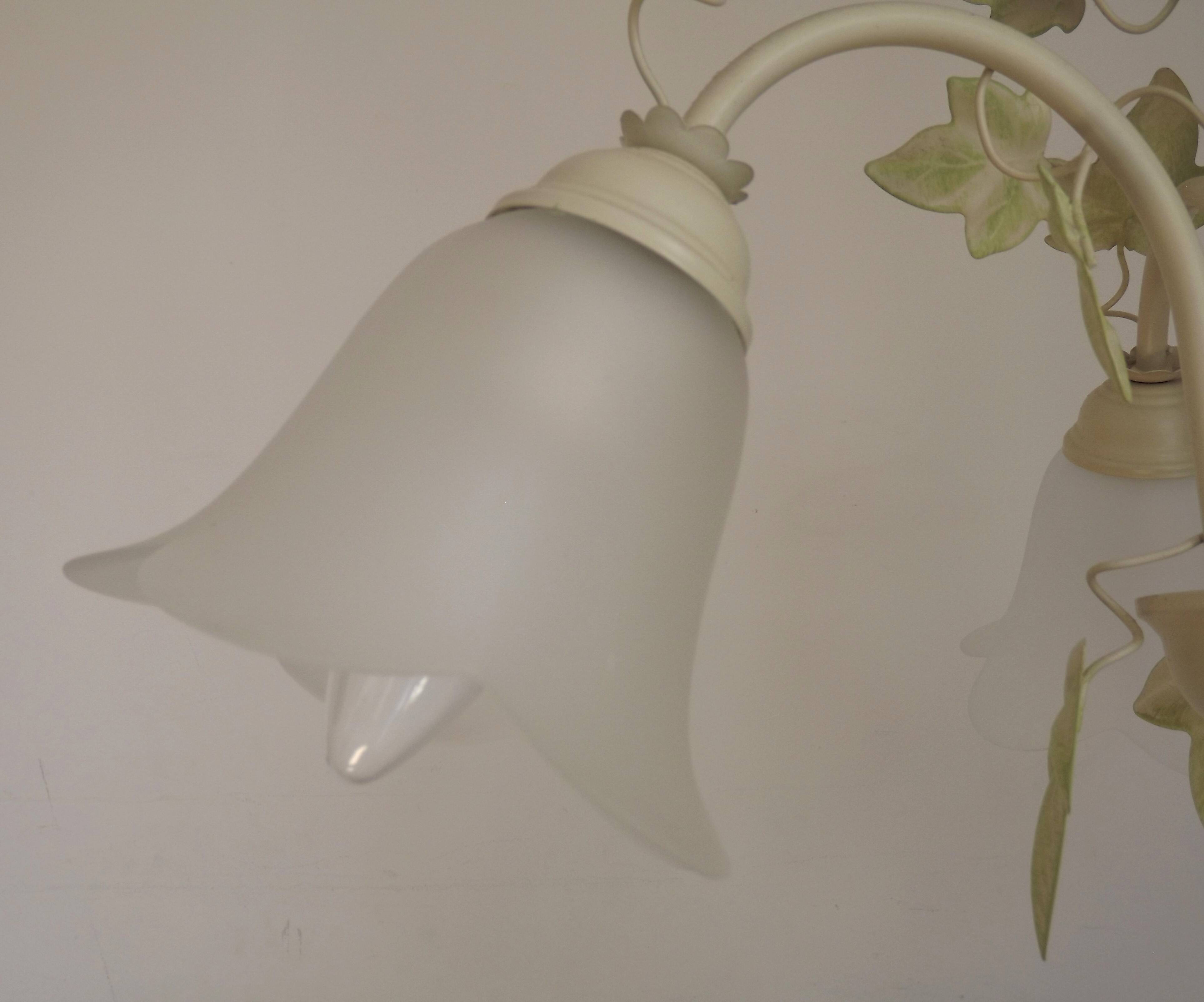 French Vintage 3 Light Green Ivy Chandelier with Opaque Glass Shades