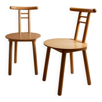 Light Wood Vintage Chair - 1980s Italian Minimalist, Japanese-Inspired, Solid Wood, Batch of 2