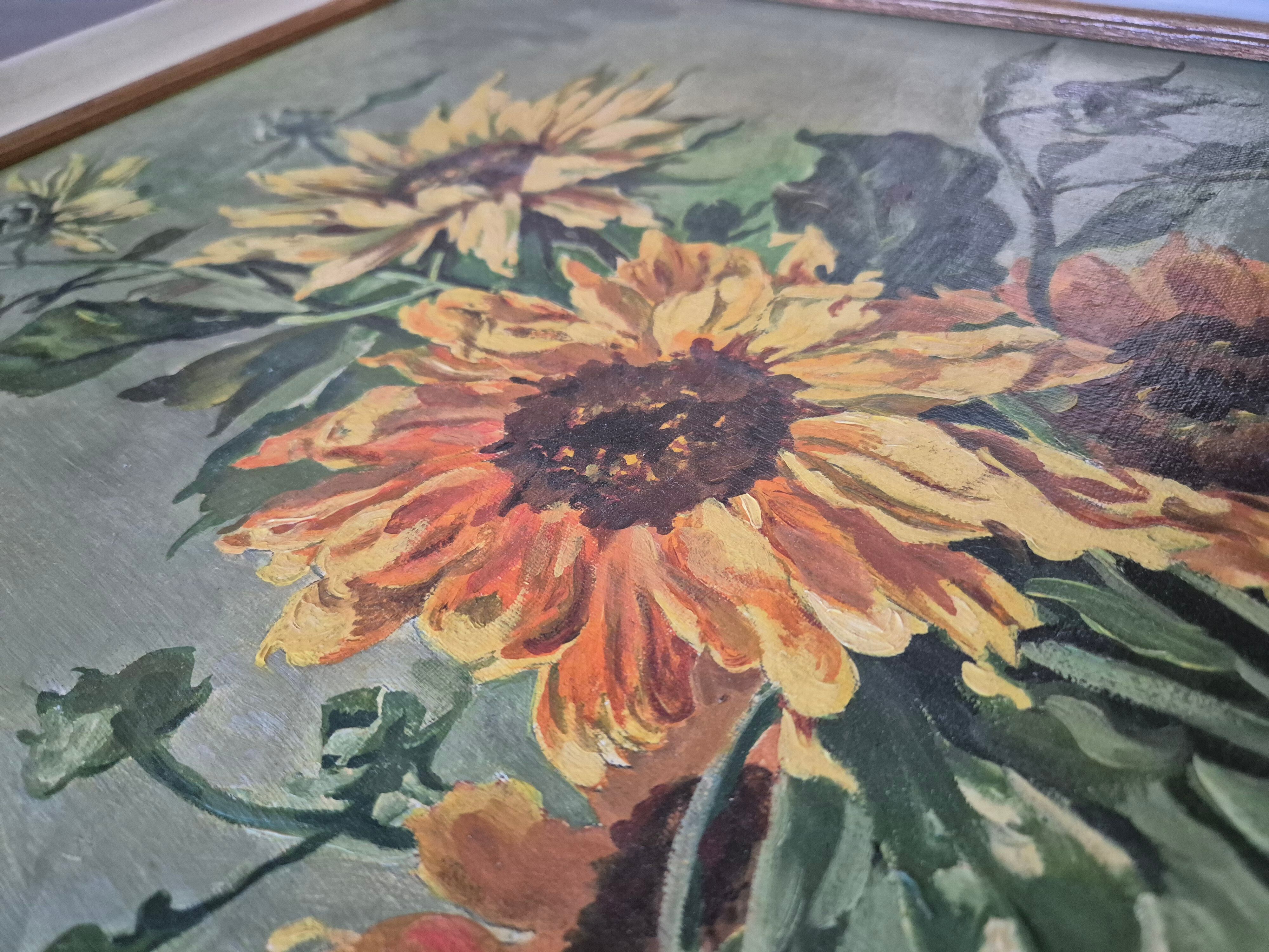 Signed painting depicting sunflowers