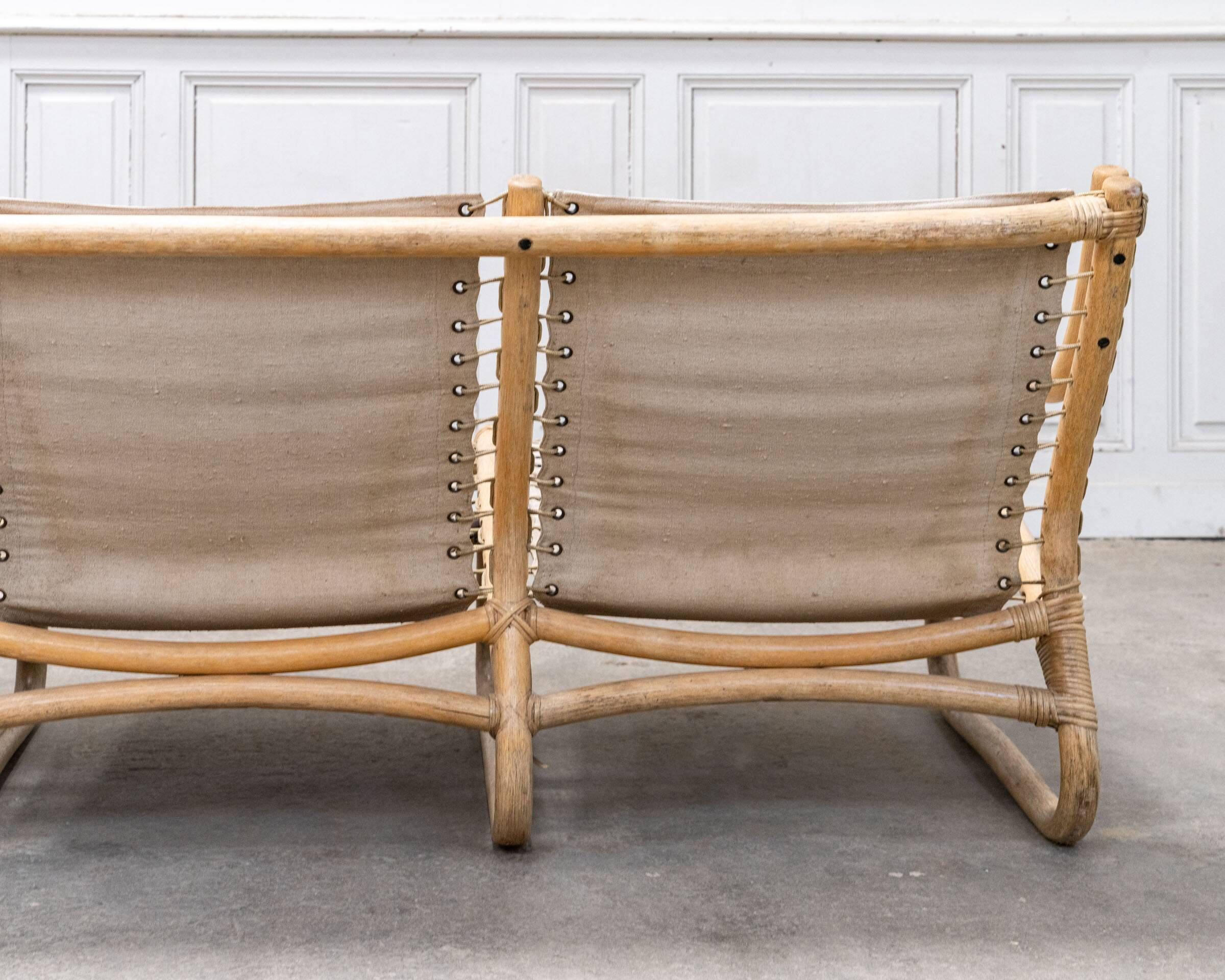3-seater bench in rattan and thick cotton canvas