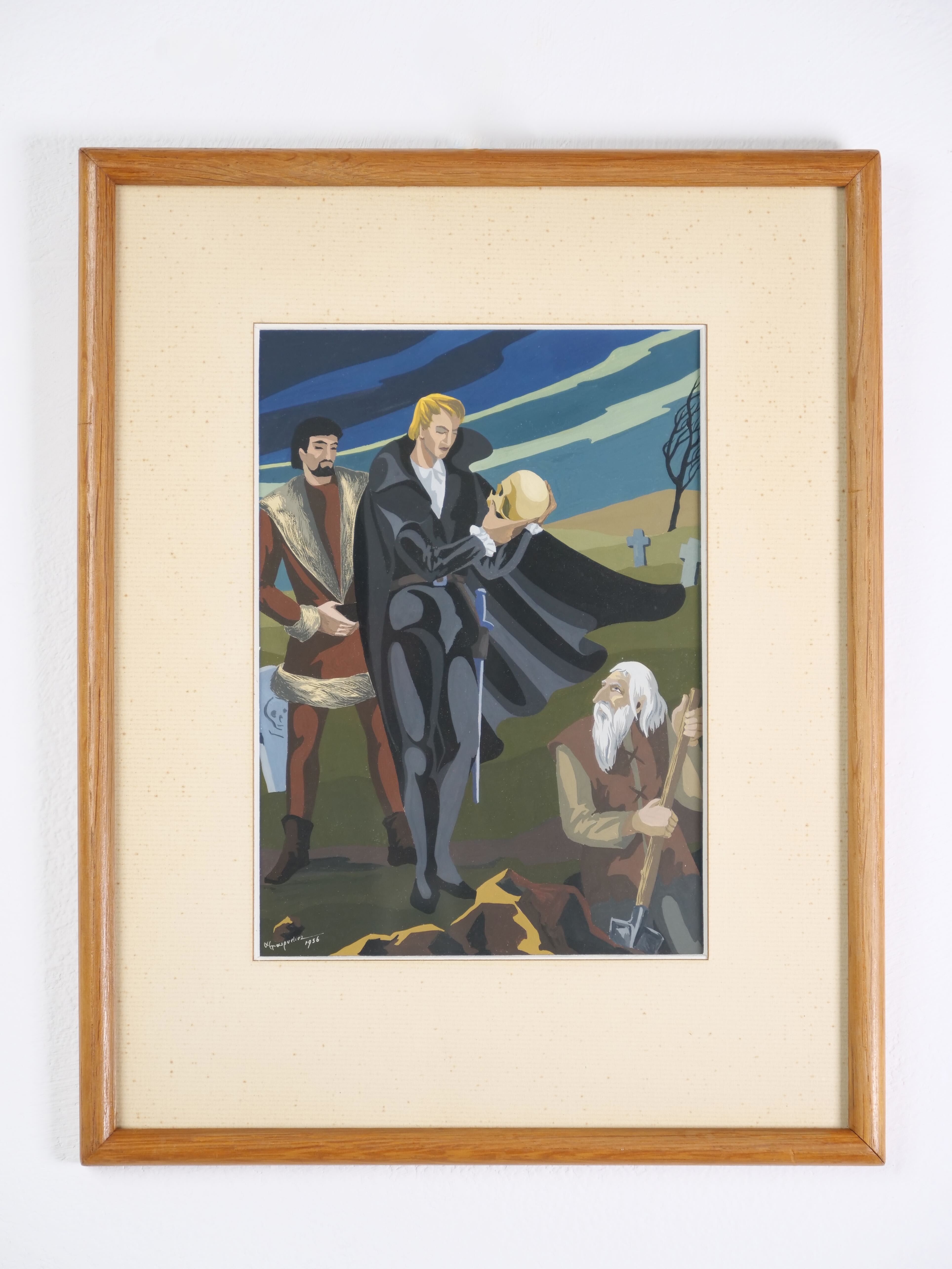 Gouache illustration art dramatiques signée Masqueliez 1956