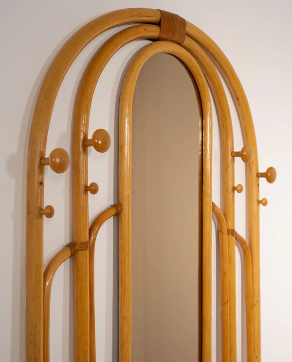 Miroir en rotin Malacca et porte-manteau, années 1960