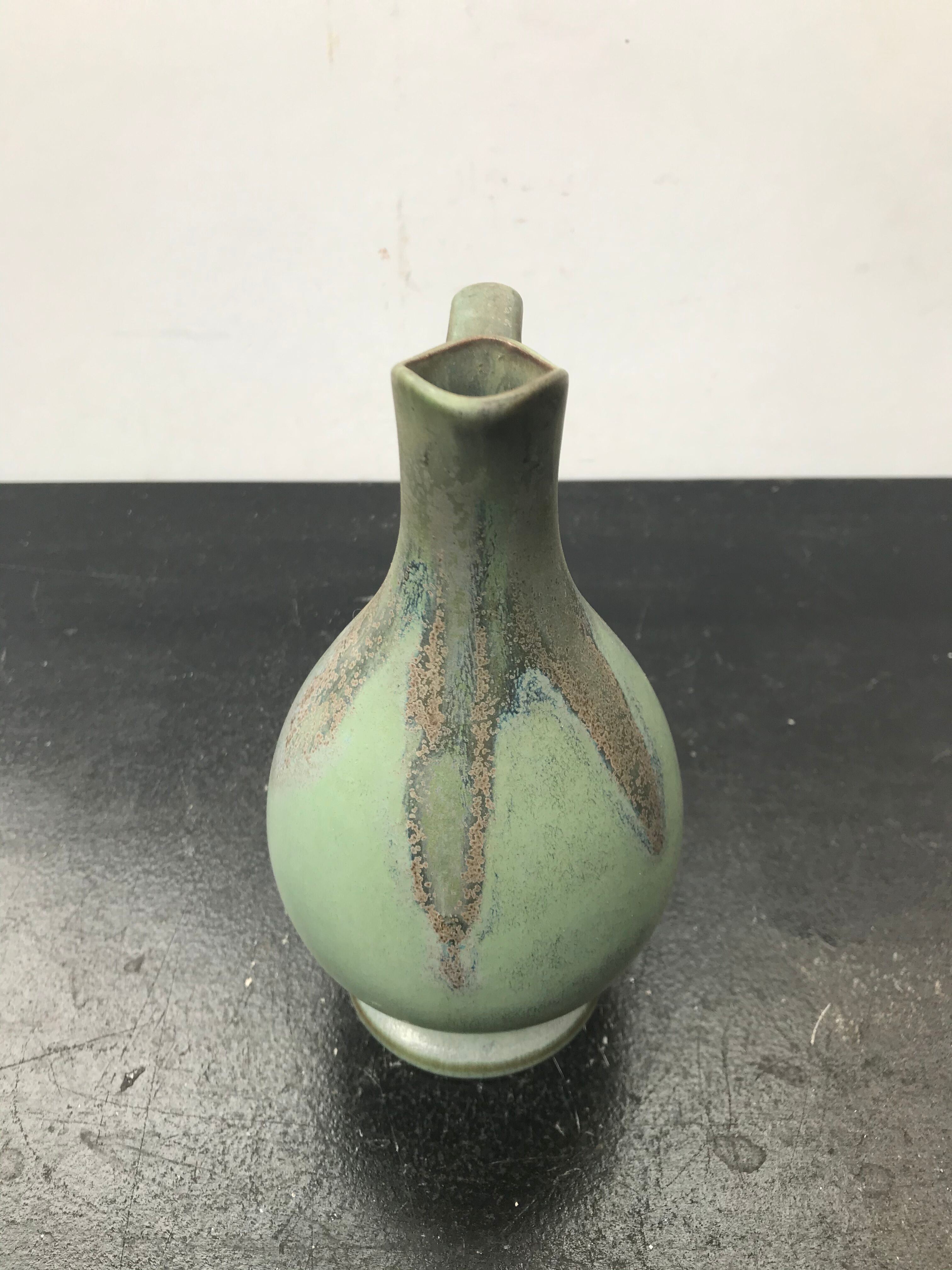 Former Green Ceramic Pitcher Signed 70s Vintage