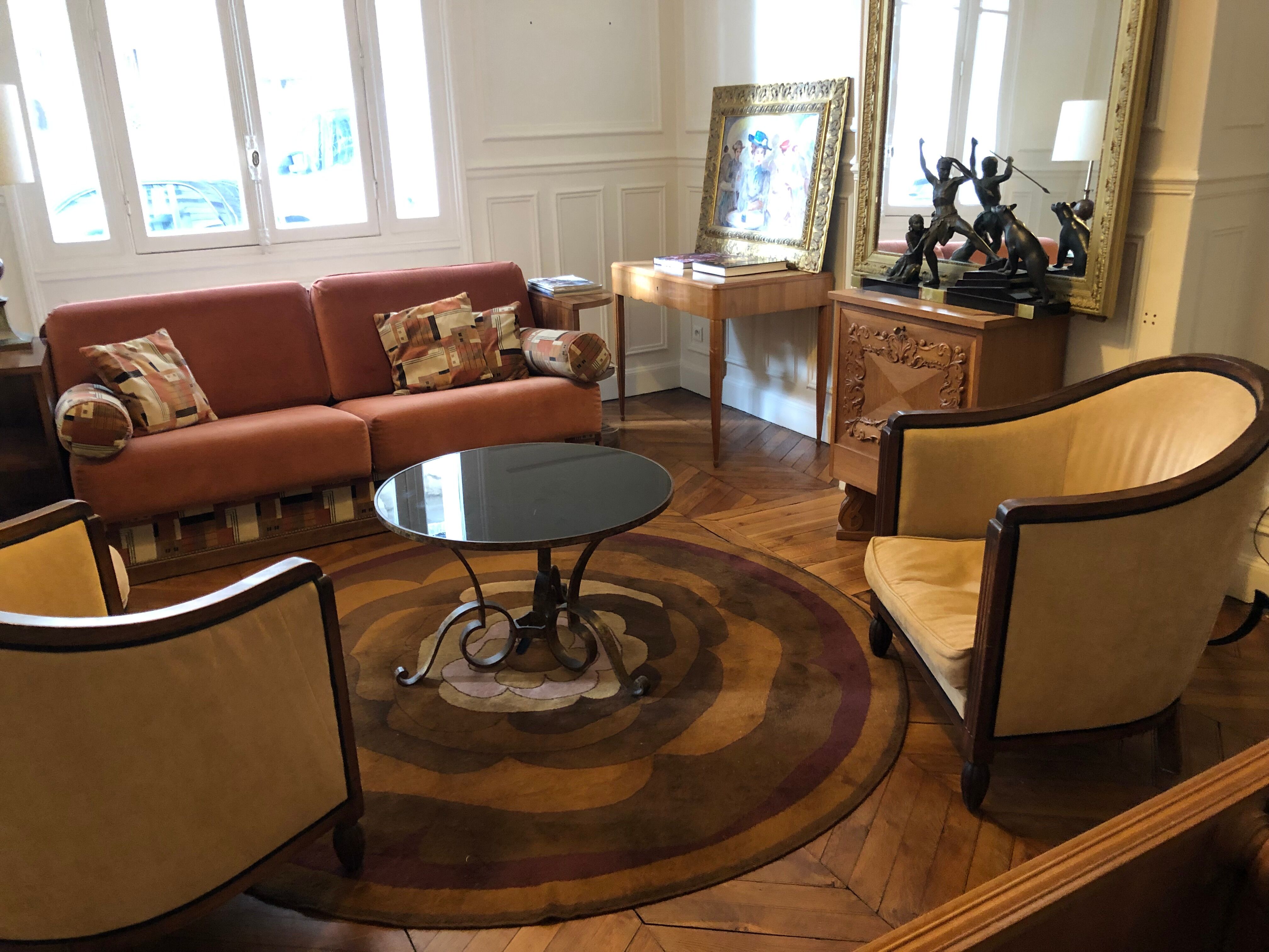pair of ART DECO gondola chairs and a matching pouf reupholstered