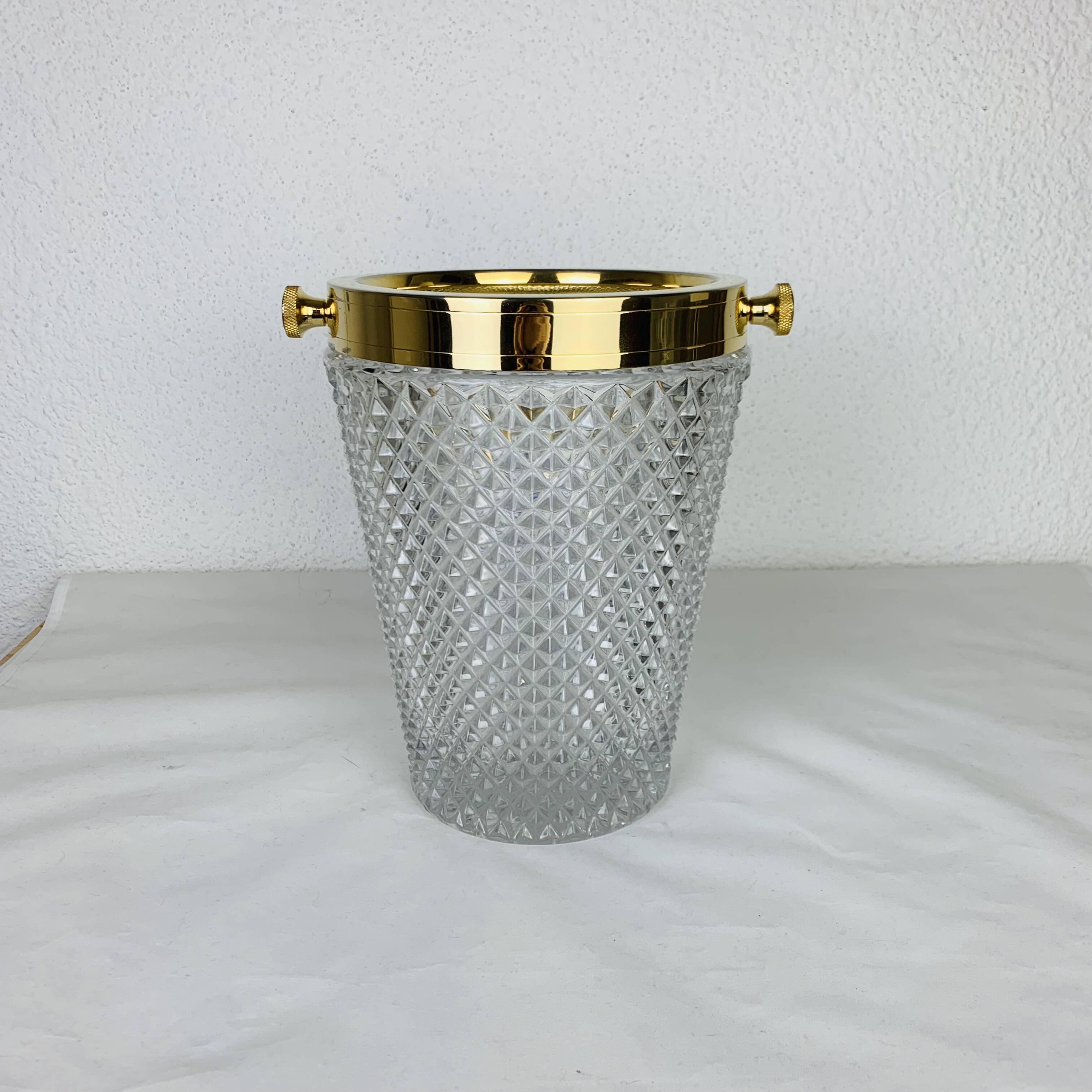 Hollywood regency cut crystal and gold metal champagne bucket