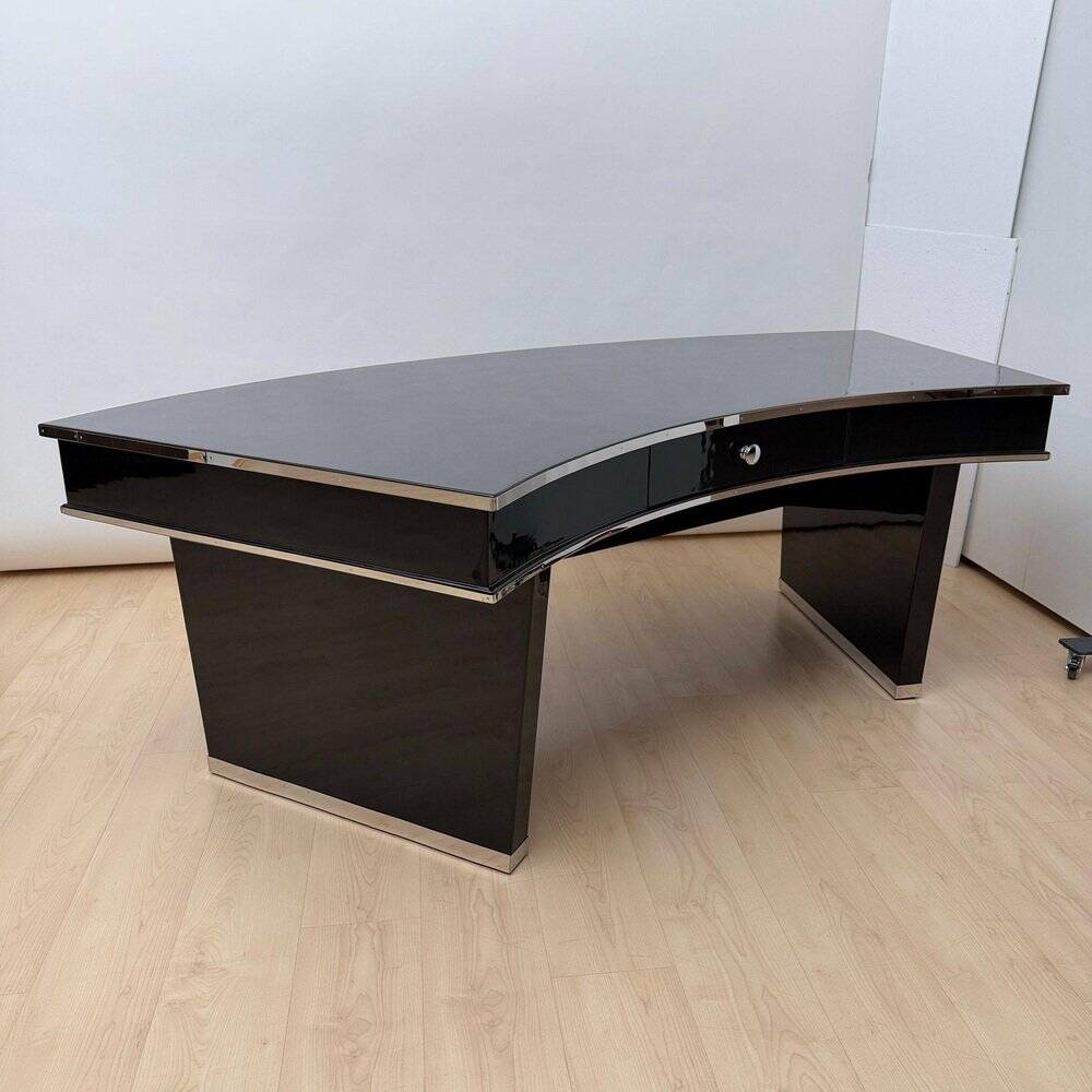 Art Deco desk in black lacquer, walnut & metal, France, 1950