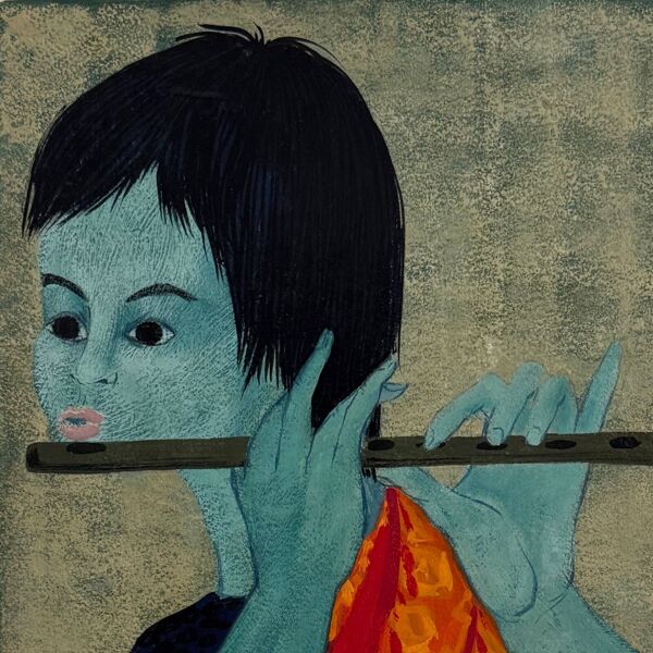 Acrylique sur papier joueur de flûte par Tran Long XXe