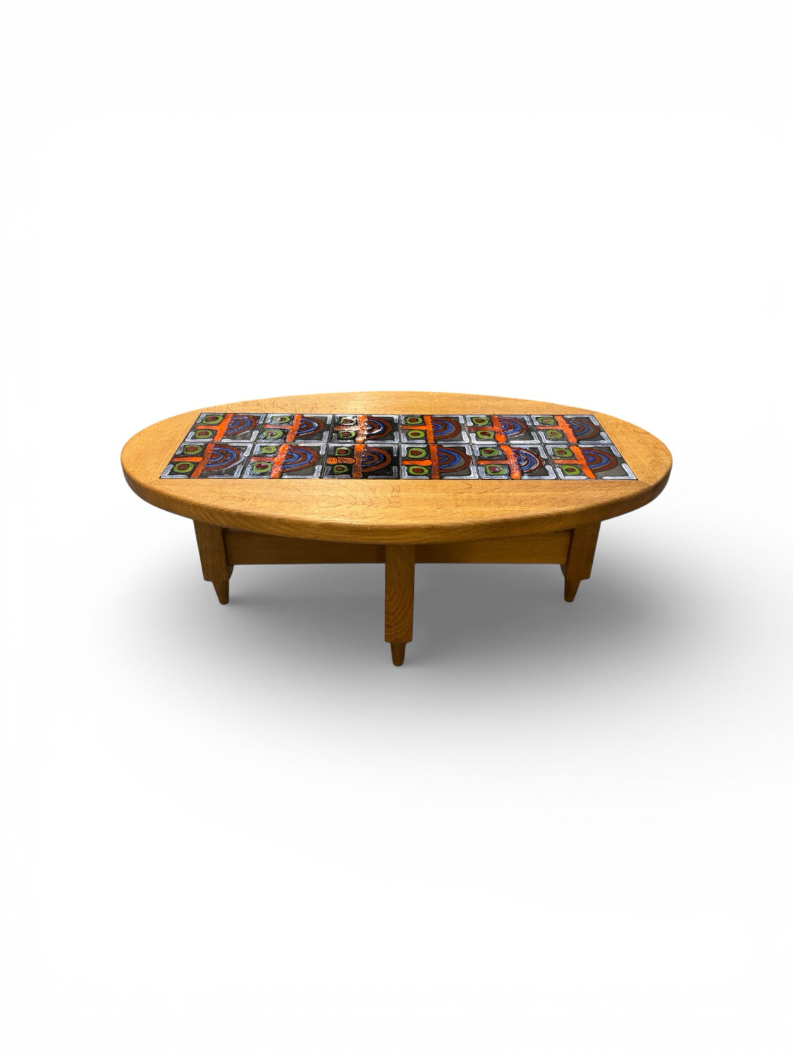 Oval coffee table in oak and ceramic by Guillerme & Chambron for