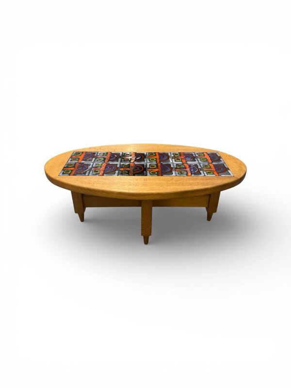 Table basse ovale en chêne et céramique par Guillerme & Chambron pour