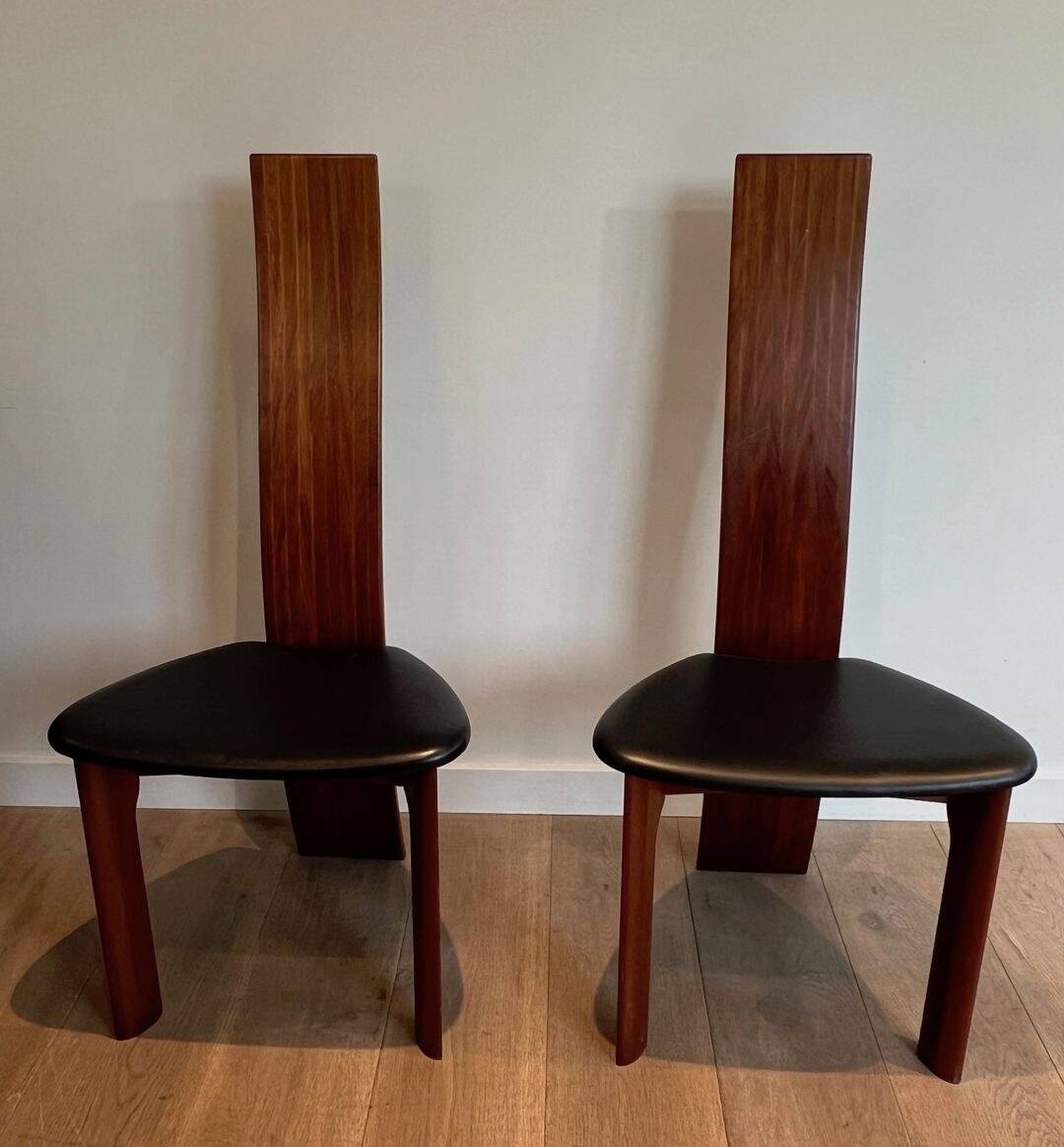 Pair of High Back Chairs, Exotic Wood & Black Leather, Scandinavian, varnished
