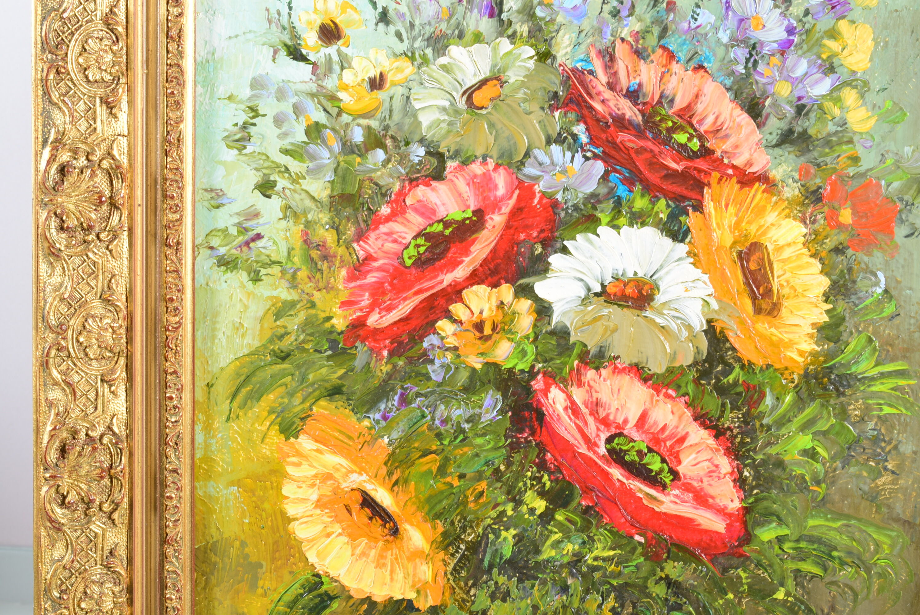 Painting, bouquet of flowers, oil on canvas, old gilded stucco frame