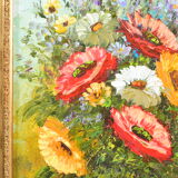 Painting, bouquet of flowers, oil on canvas, old gilded stucco frame