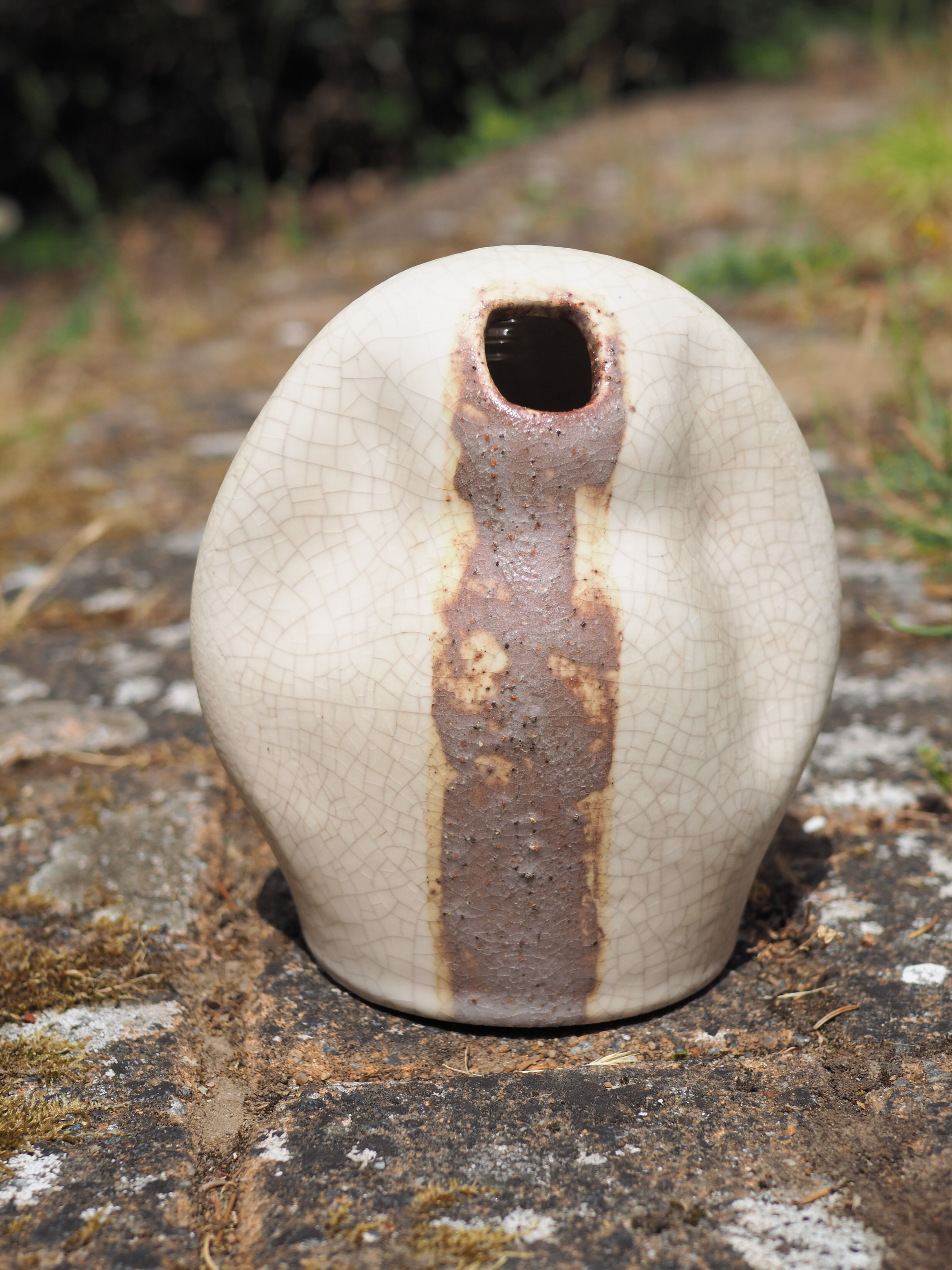 Free-form Soliflore - cracked white enamel - organic ceramic - 80s