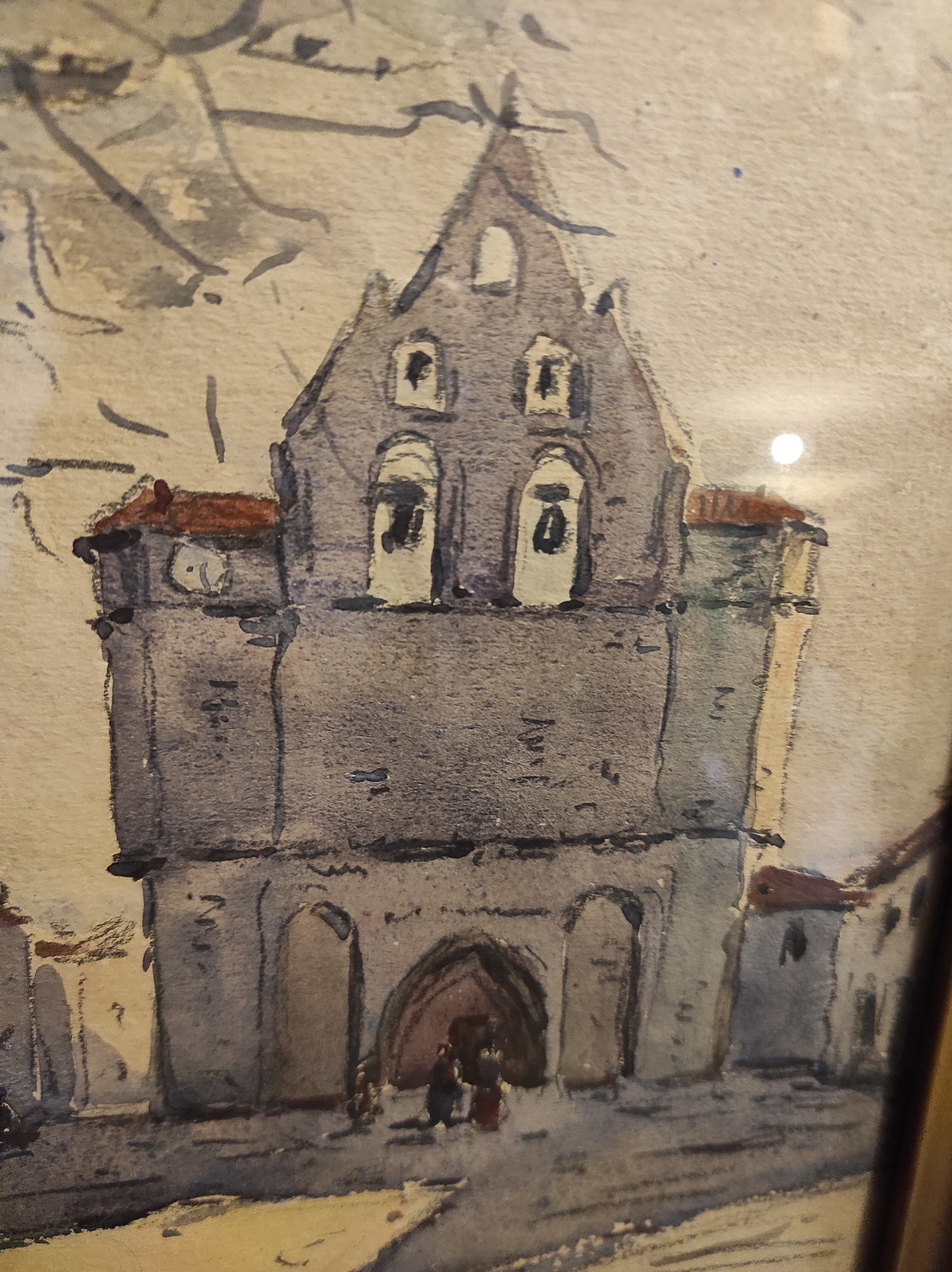Vintage French watercolour of a village with a church, signed, from 1931