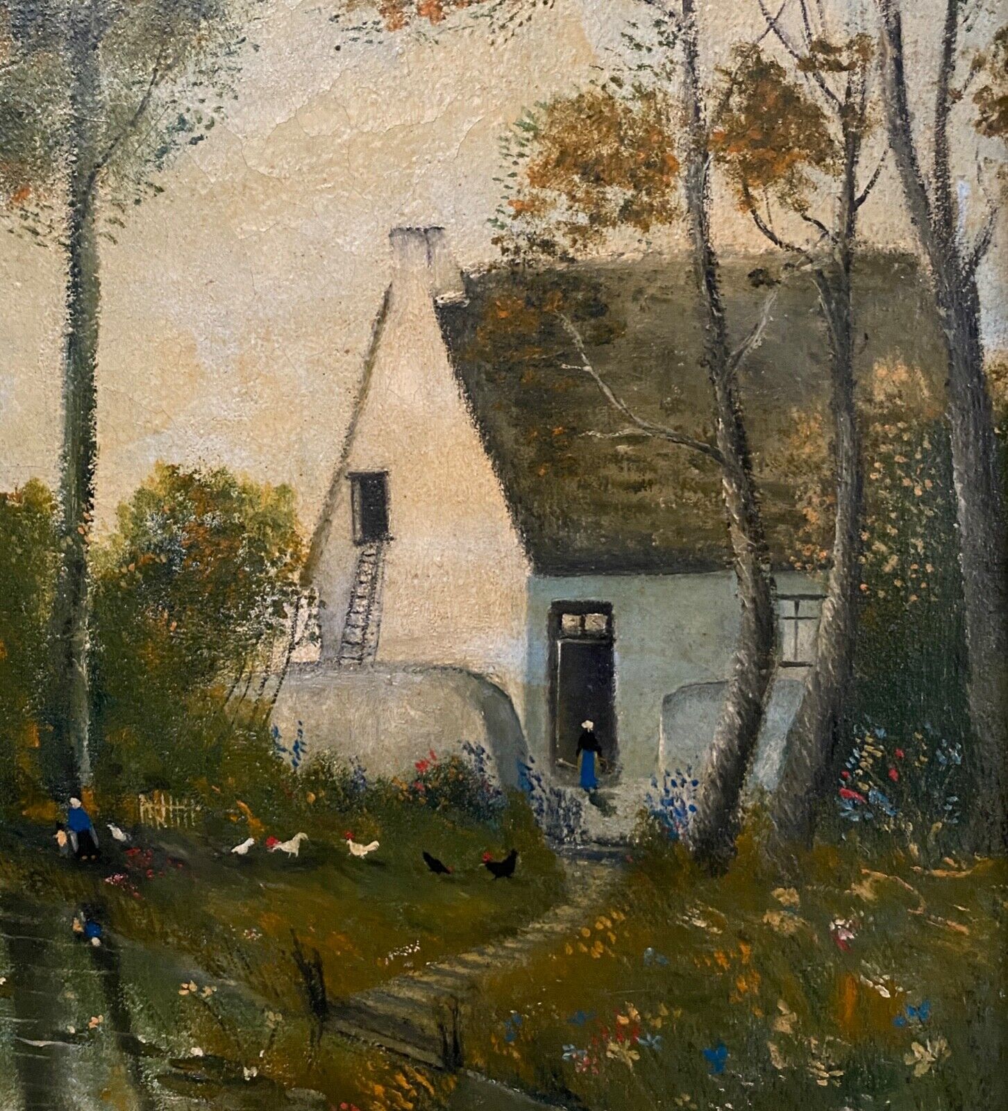 Oil on canvas by A. Biron XXth landscape by the river thatched cottage