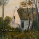 Oil on canvas by A. Biron XXth landscape by the river thatched cottage