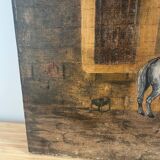 Oil on panel, "Farmyard with Horse"