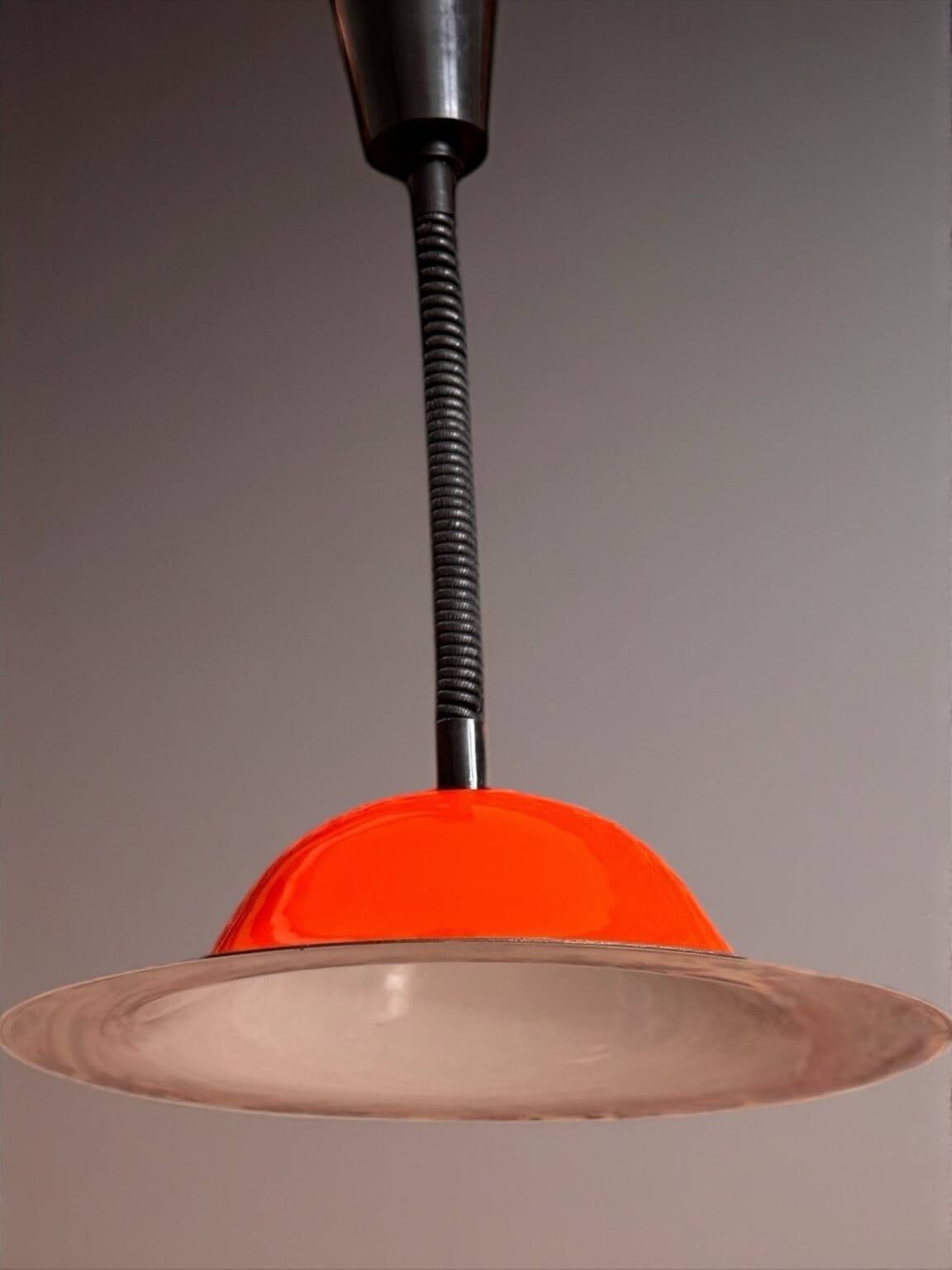Vintage orange enameled metal pendant light – space age design – 1970s