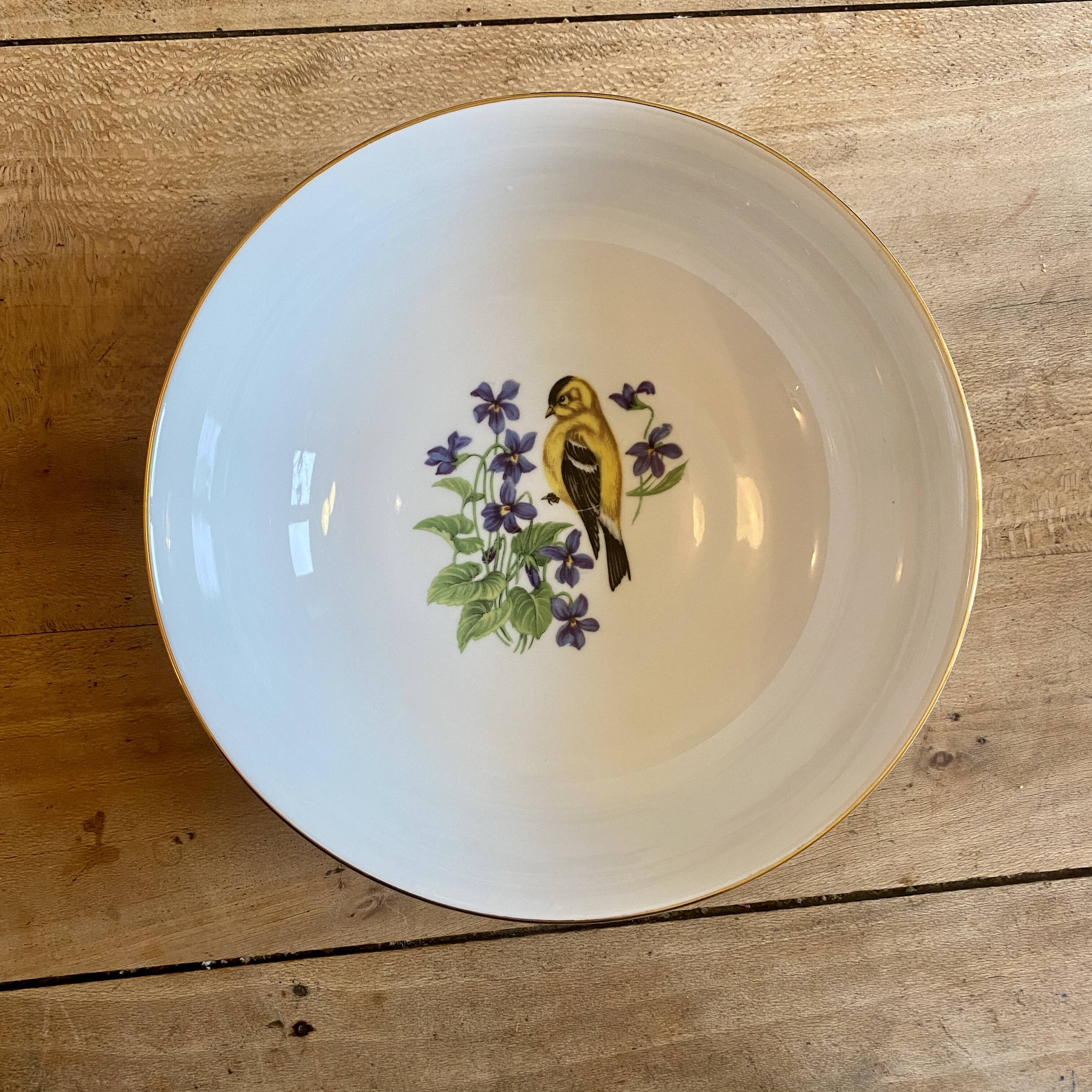 Vintage porcelain salad bowl - bird and flower decorations