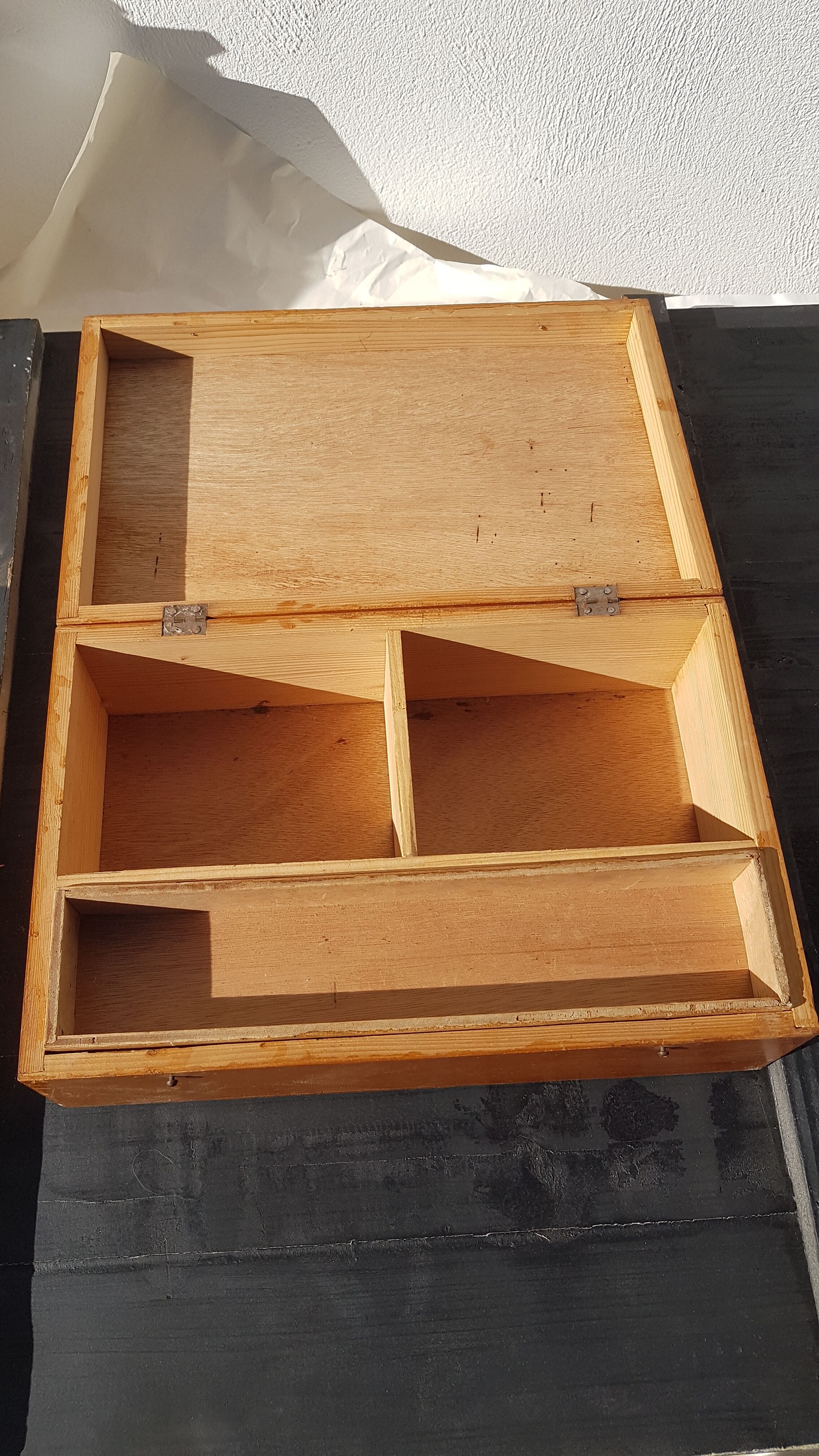 Old wooden sewing box with removable compartment