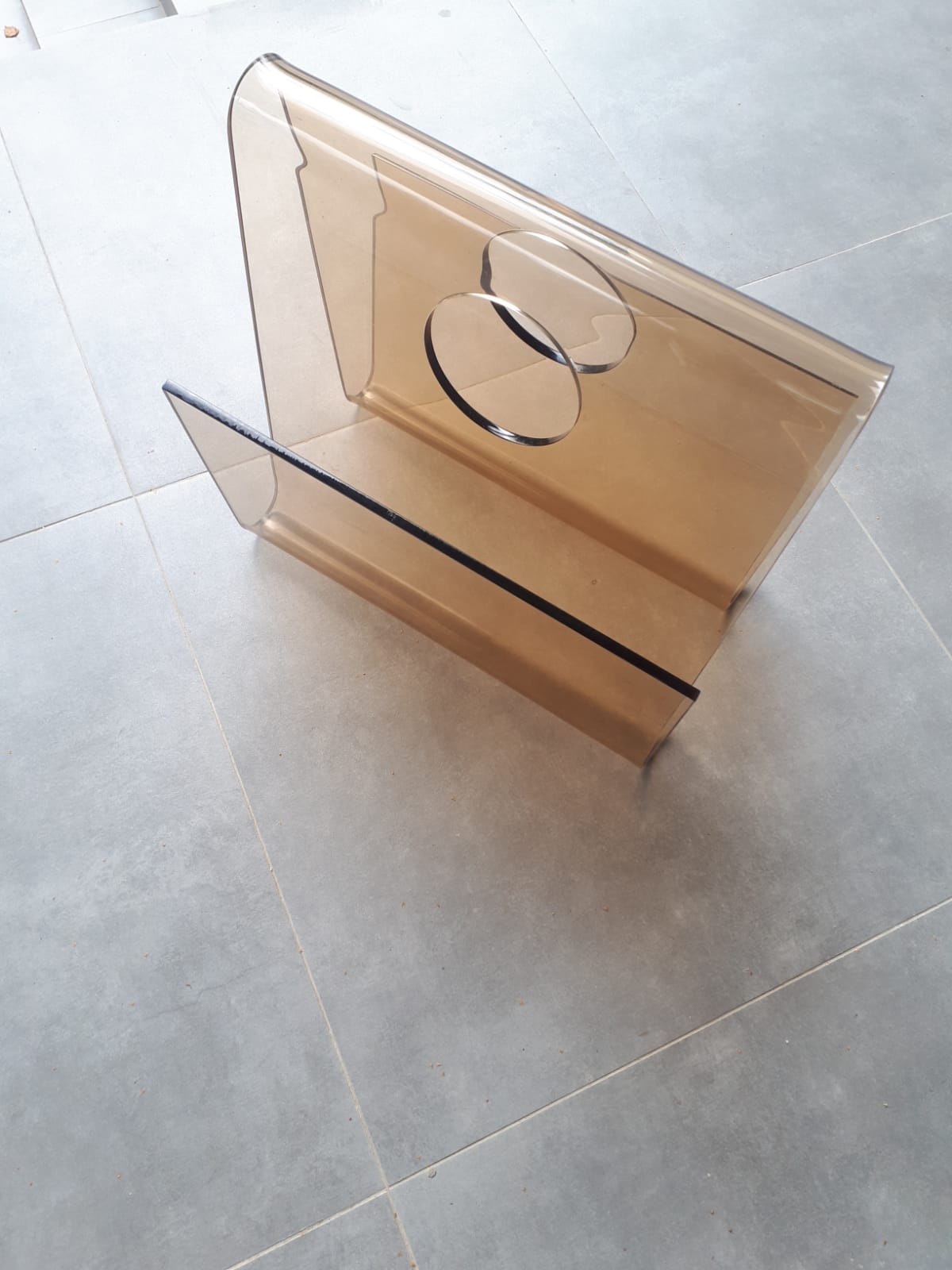 Newspaper holder, Lucite, 70s