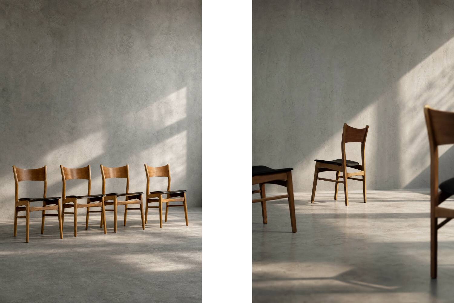 Ensemble de 4 chaises de salle à manger vintage mi-siècle danoise modernes en hêtre et teck.