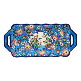 Longwy enamelled cake dish with floral decoration