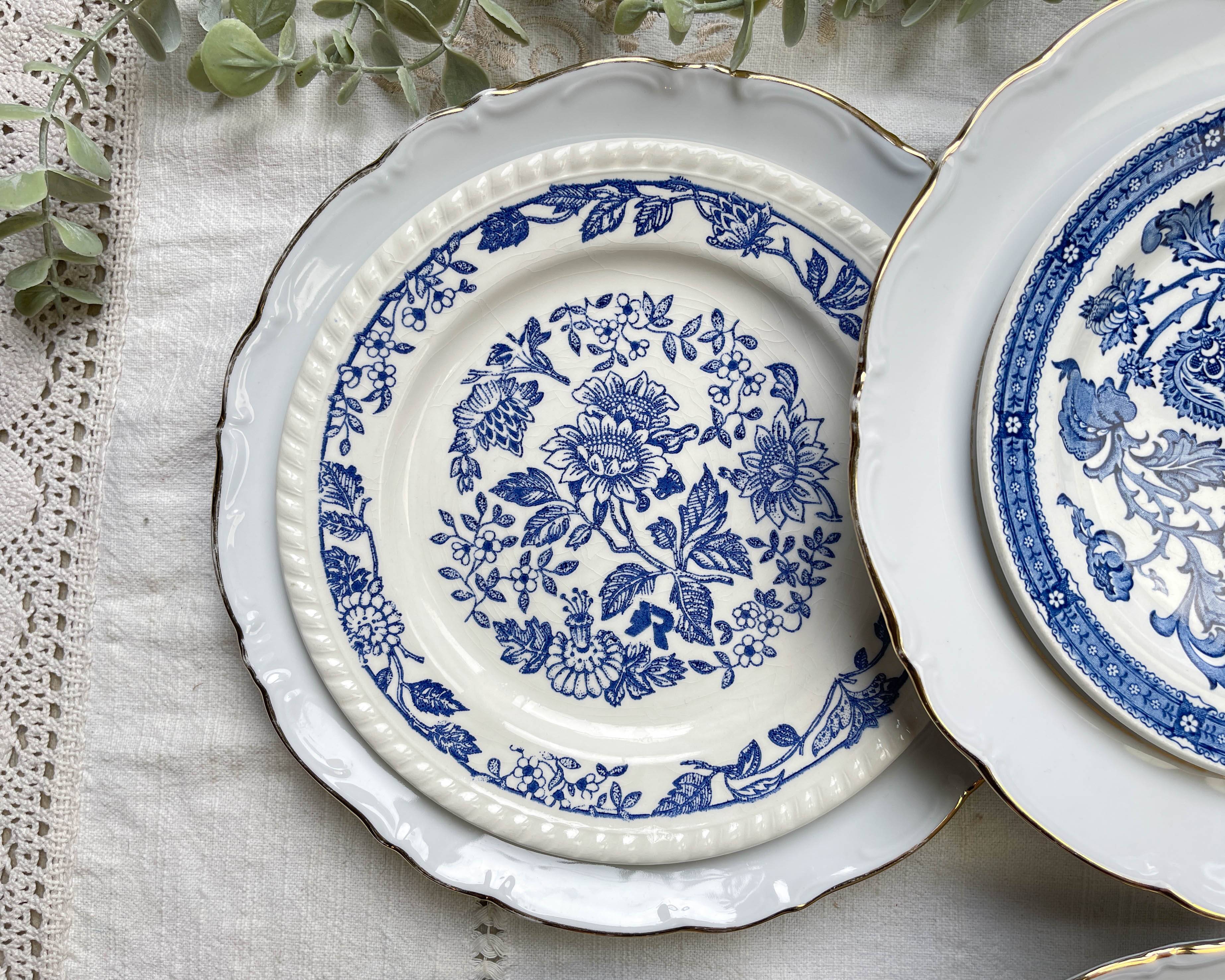 6 Vintage White Porcelain Plates with Gold Trim + 6 Small Mismatched Blue Jacobean Plates