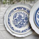 6 Vintage White Porcelain Plates with Gold Trim + 6 Small Mismatched Blue Jacobean Plates