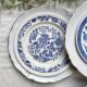 6 Vintage White Porcelain Plates with Gold Trim + 6 Small Mismatched Blue Jacobean Plates