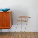Small brass side table with a teak top, 1960.