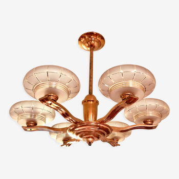 Lustre art déco 1930 en cuivre aux coupelles rose doré