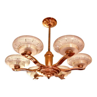 Art Deco chandelier 1930 in copper with golden pink cups