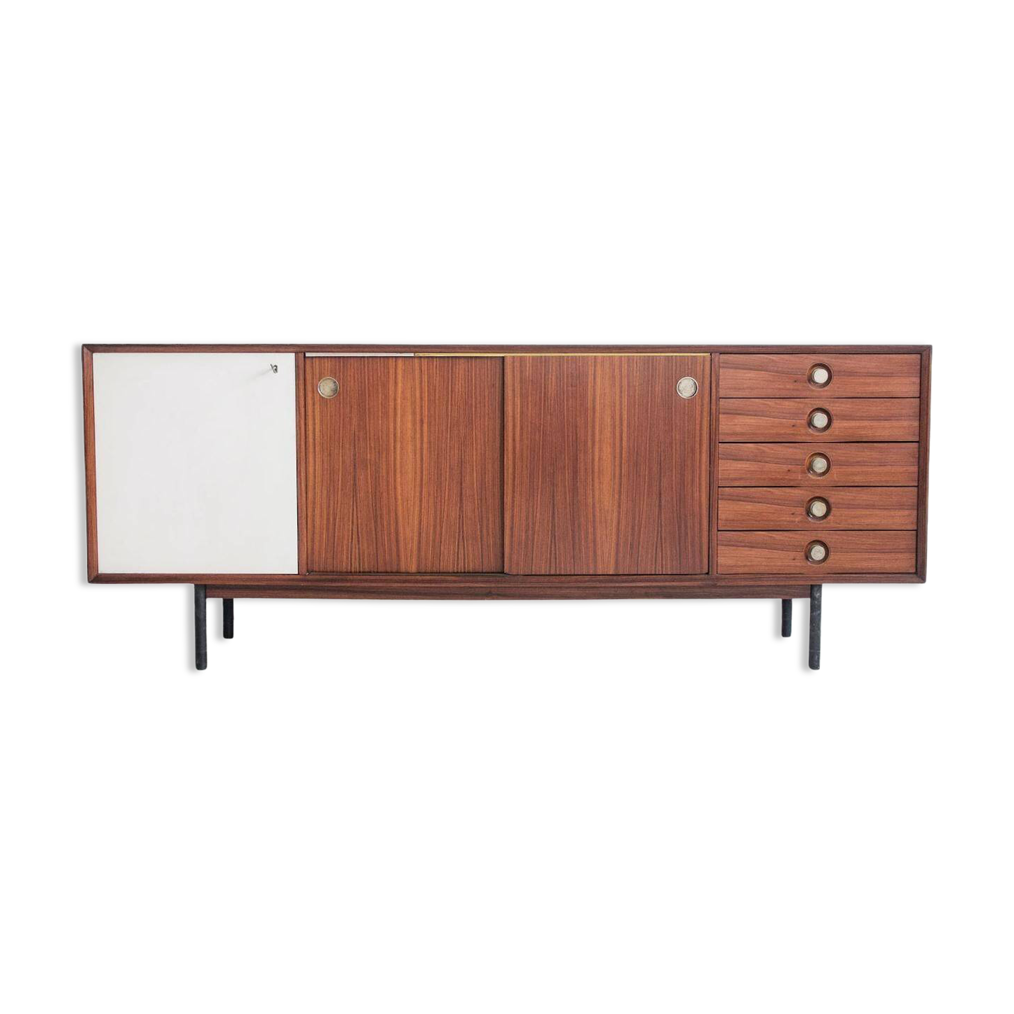 Wooden sideboard with sliding door and white drawers, around 1960.