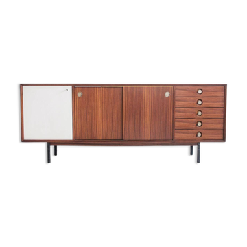 Wooden sideboard with sliding door and white drawers, around 1960.