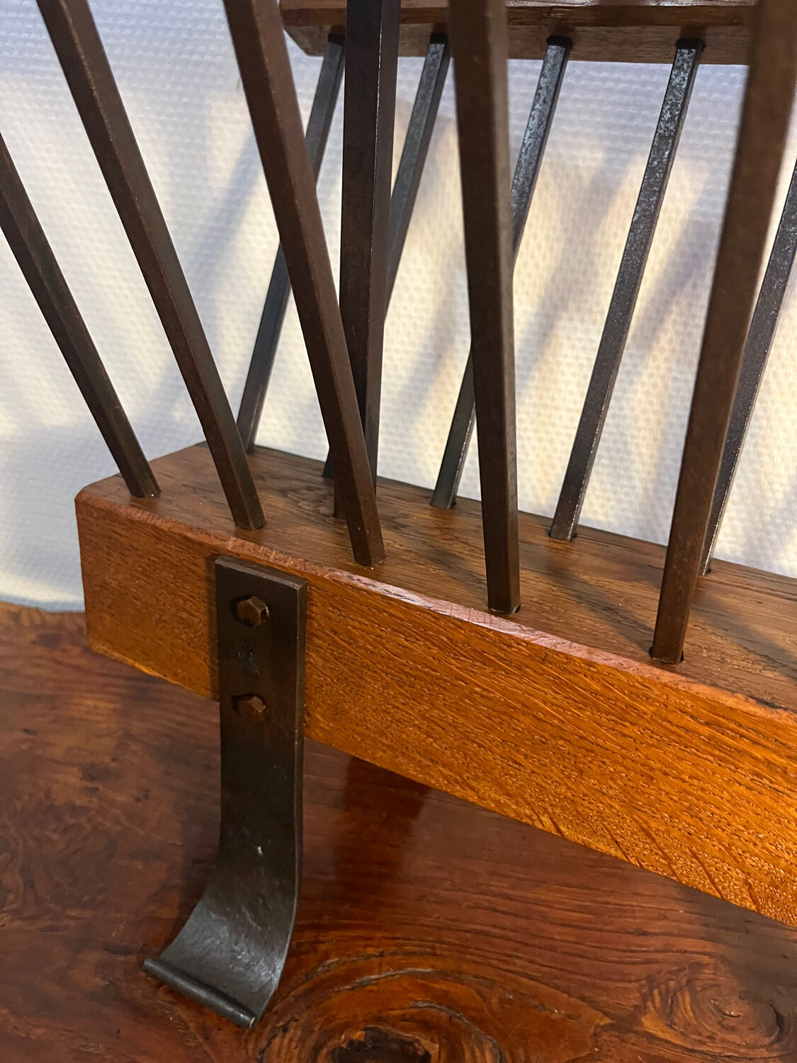 Brutalist magazine rack, solid wood and wrought iron