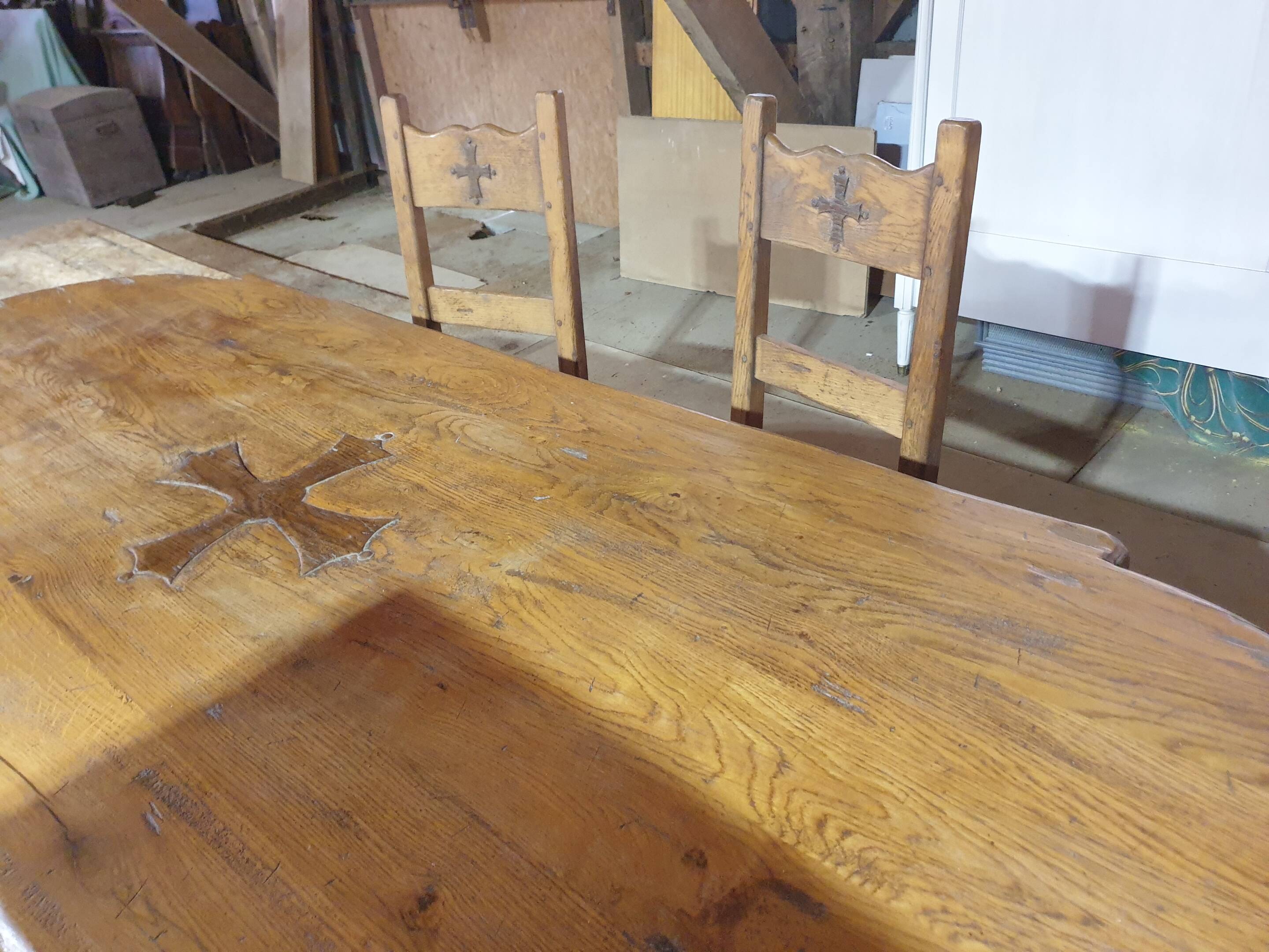 Monastery table with Occitan cross + 4 chairs - 20th century