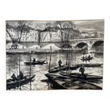 Fisherman on the banks of the Seine, under the Pont Marie ink on paper
