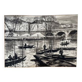 Pêcheur au bord de Seine, sous le Pont Marie encre sur papier