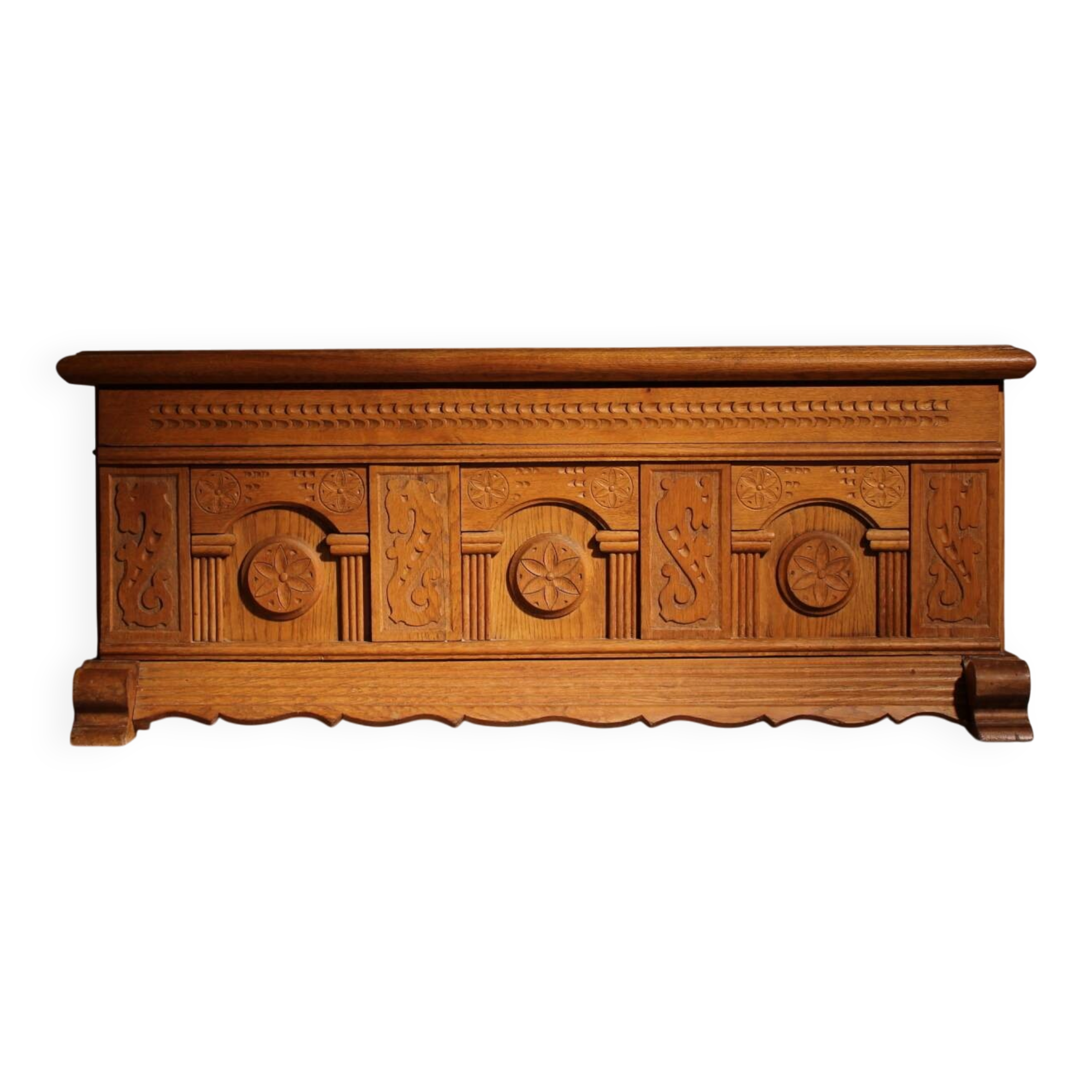 Carved Oak Chest with Decorative Front | Germany 1970s
