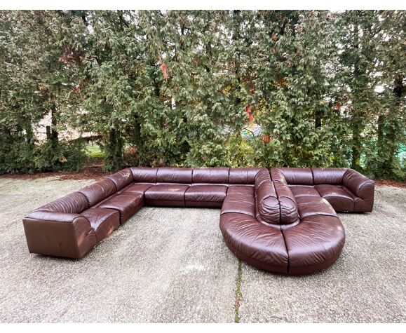 1970s Sectional Brown Leather Sofa 12, Cognac Leather Couch Sectional