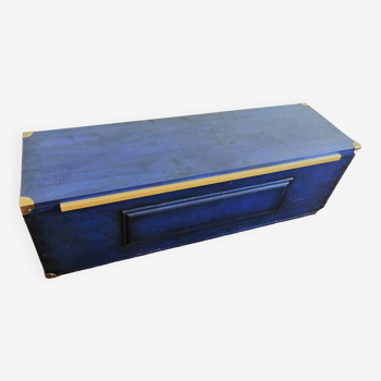 Trunk chest - bench in Majorelle blue solid wood & golden brass