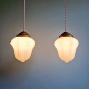 Pair of Art Deco pendant lights in pressed white opaline glass, 1920-30
