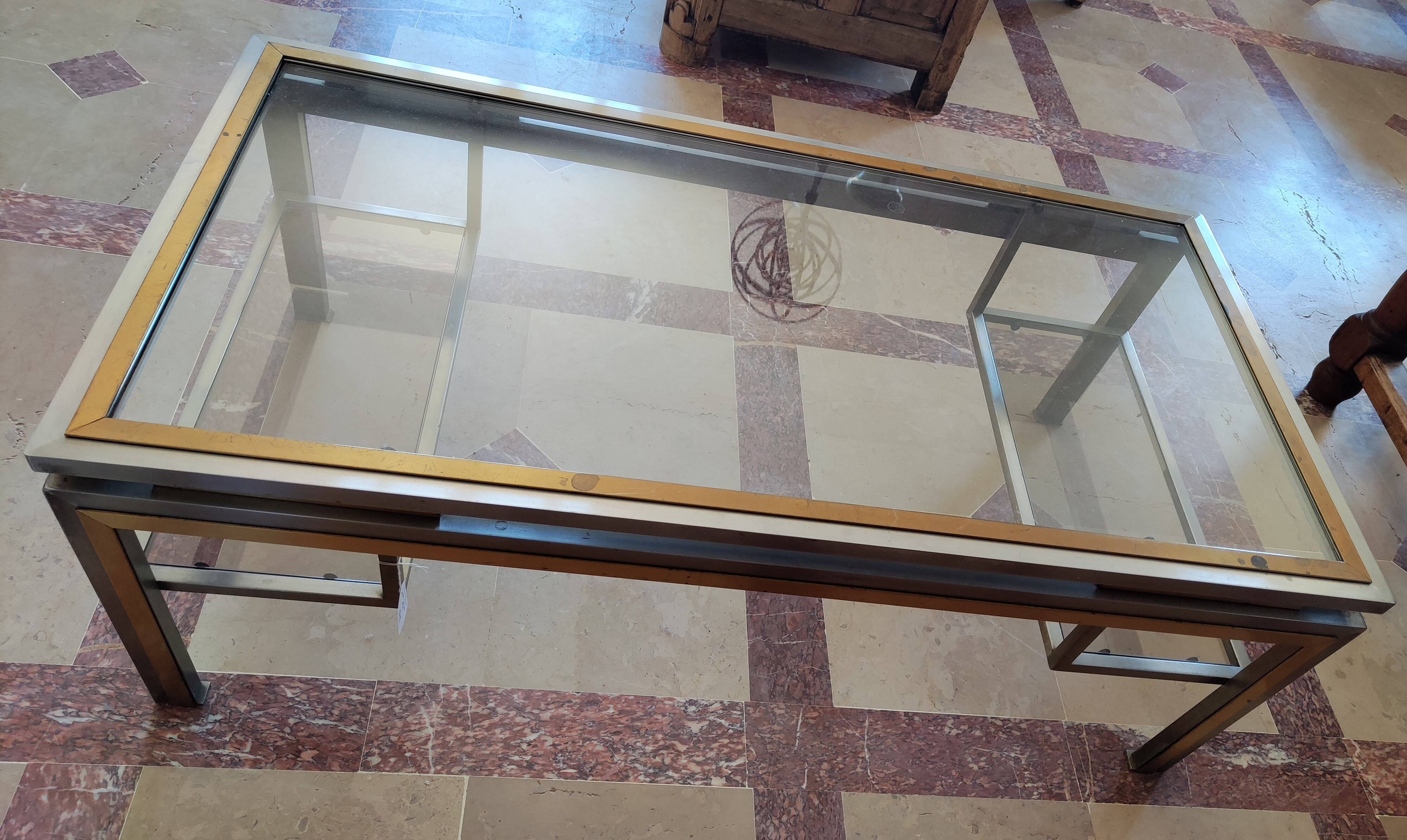 Guy lefèvre for maison jansen coffee table in brushed steel and brass 1970